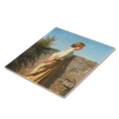 Mooie vrouw die over de muur kijkt () tegeltje (Zijkant)