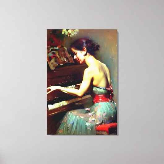 Mooie vrouw die pianoschilder speelt canvas afdruk (Voorkant)