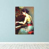 Mooie vrouw die pianoschilder speelt canvas afdruk (Insitu (Houten vloer))
