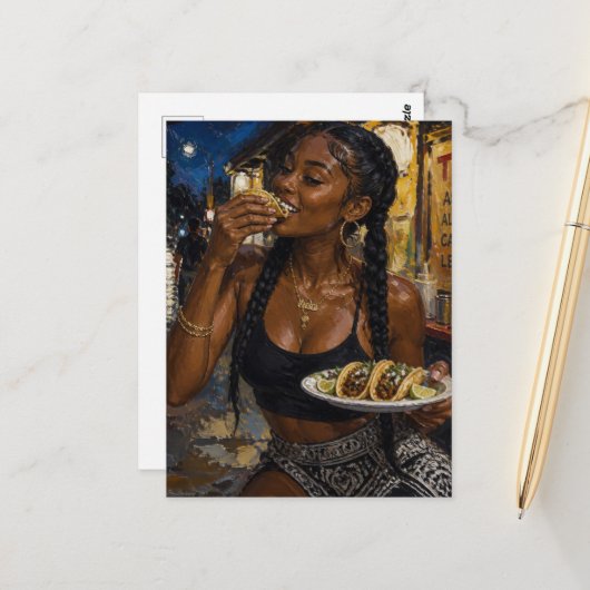 Mooie vrouw die taco's eet briefkaart (Voorkant / Achterkant in situ)