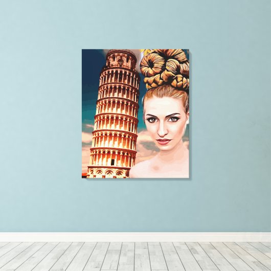 Mooie vrouw die tower leunt van pisa abstracte kun canvas afdruk (Insitu (Houten vloer))