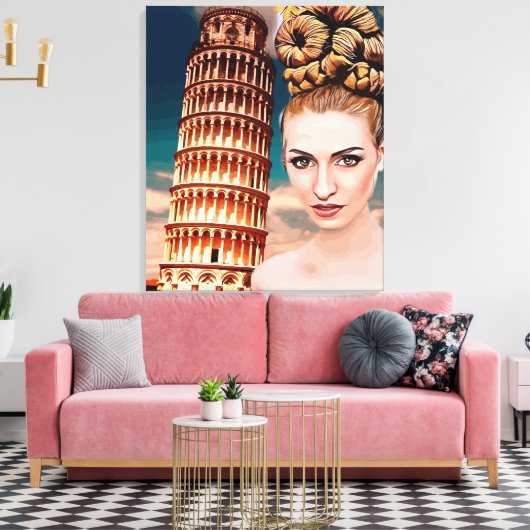 Mooie vrouw die tower leunt van pisa abstracte kun canvas afdruk (Insitu (Woonkamer))