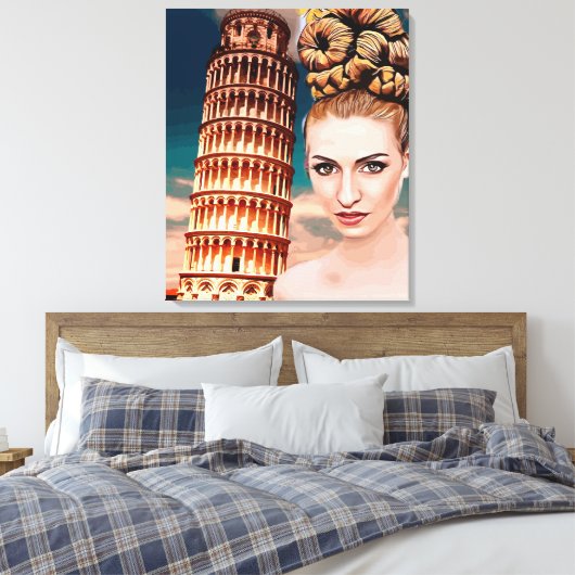 Mooie vrouw die tower leunt van pisa abstracte kun canvas afdruk (Insitu (Slaapkamer))