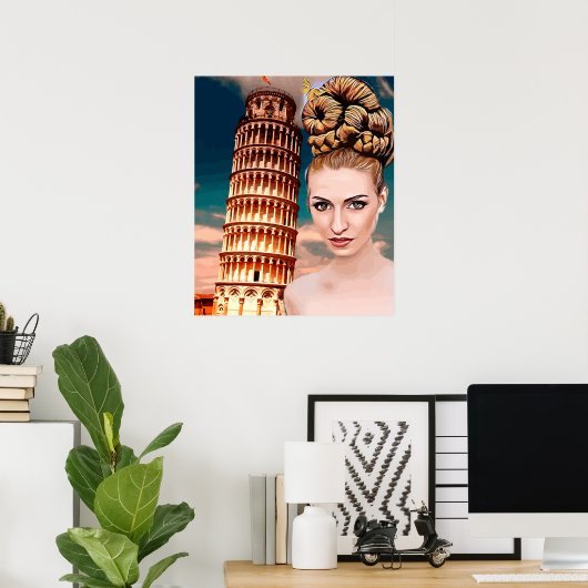 Mooie vrouw die tower leunt van pisa abstracte kun poster (Thuiskantoor)