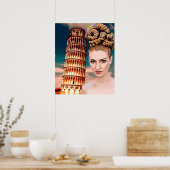 Mooie vrouw die tower leunt van pisa abstracte kun poster (Keuken)
