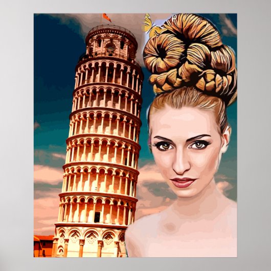 Mooie vrouw die tower leunt van pisa abstracte kun poster (Voorkant)