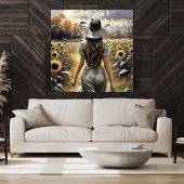 Mooie vrouw die tussen zonnebloemen Poster loopt