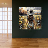 Mooie vrouw die tussen zonnebloemen Poster loopt