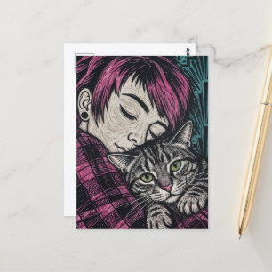 Mooie vrouw en haar kat Houtsnede Briefkaart