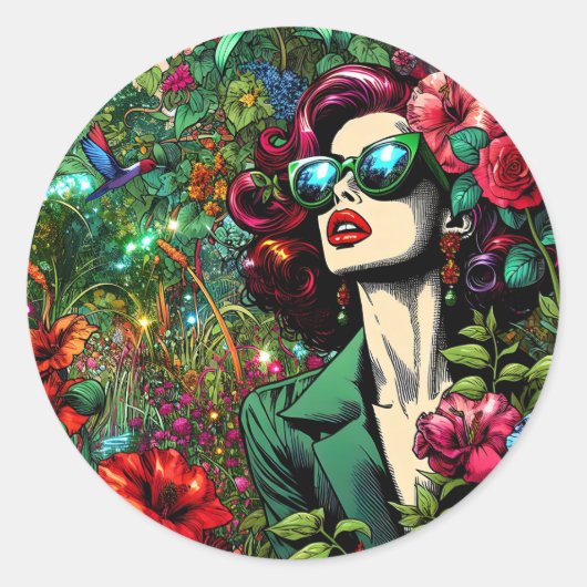 Mooie vrouw in de tuin van de bloemen ronde sticker (Voorkant)