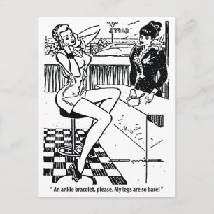 Mooie vrouw in de winkel, humor, vintage briefkaart