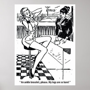 Mooie vrouw in de winkel, humor, vintage poster