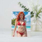 Mooie vrouw in een rode bikini briefkaart (Staand voorkant)
