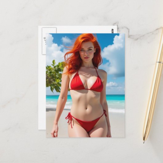 Mooie vrouw in een rode bikini briefkaart (Voorkant / Achterkant in situ)