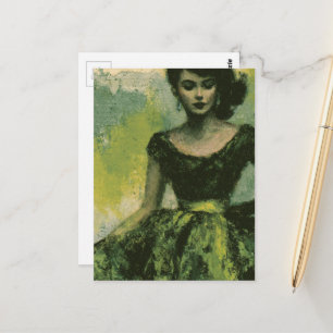 Mooie vrouw in groene jurk uit de jaren 50 briefkaart