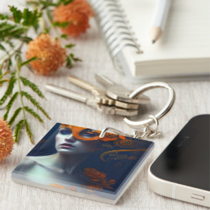 Mooie vrouw in Oranje, door AI gegenereerde kunst Sleutelhanger