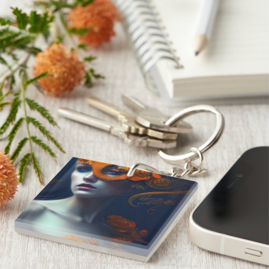 Mooie vrouw in Oranje, door AI gegenereerde kunst Sleutelhanger (Voorkant Rechts)