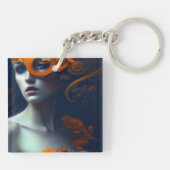 Mooie vrouw in Oranje, door AI gegenereerde kunst Sleutelhanger (Achterkant)