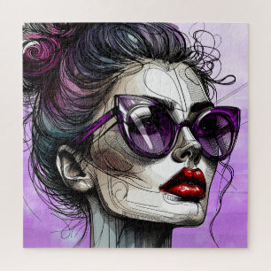 Mooie vrouw in paarse zonnebril en rode lippenstif legpuzzel