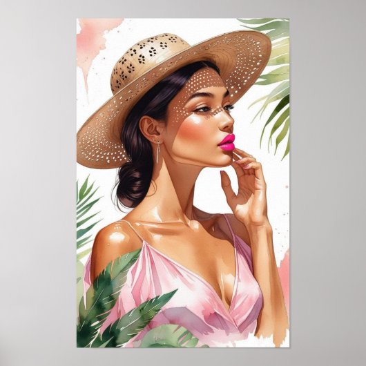 Mooie vrouw in roze aquarel poster (Voorkant)