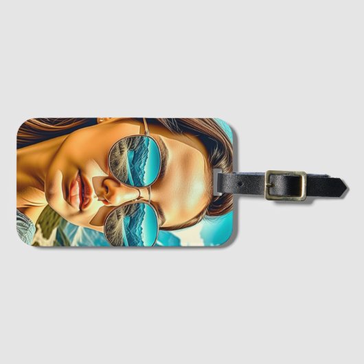 Mooie Vrouw in Zonnebril Bergreflectie Bagagelabel (Voorkant (horizontaal))