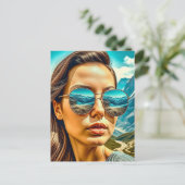 Mooie Vrouw in Zonnebril Bergreflectie Briefkaart (Staand voorkant)