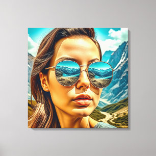 Mooie Vrouw in Zonnebril Bergreflectie Canvas Afdruk