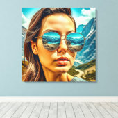 Mooie Vrouw in Zonnebril Bergreflectie Canvas Afdruk (Insitu (Houten vloer))