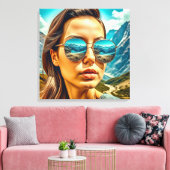 Mooie Vrouw in Zonnebril Bergreflectie Canvas Afdruk (Insitu (Woonkamer))