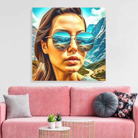 Mooie Vrouw in Zonnebril Bergreflectie Canvas Afdruk (Insitu (Woonkamer))