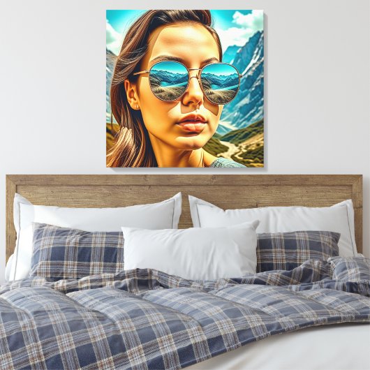 Mooie Vrouw in Zonnebril Bergreflectie Canvas Afdruk (Insitu (Slaapkamer))