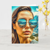 Mooie Vrouw in Zonnebril Bergreflectie Kaart (Gele Bloem)