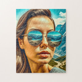 Mooie vrouw in zonnebril bergreflectie legpuzzel
