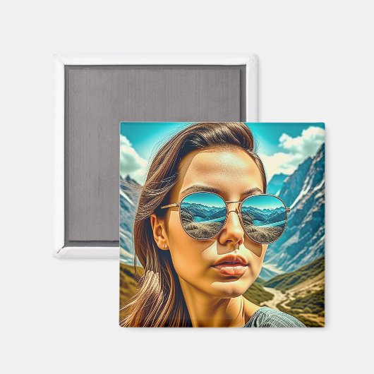 Mooie Vrouw in Zonnebril Bergreflectie Magneet (Voorkant / Achterkant)