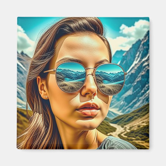 Mooie Vrouw in Zonnebril Bergreflectie Magneet (Voorkant)