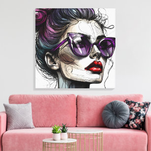 Mooie vrouw in zonnebril en paarse lippenstift canvas afdruk