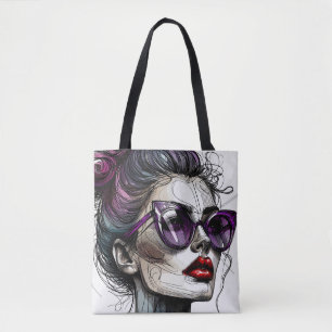 Mooie vrouw in zonnebril en paarse lippenstift tote bag