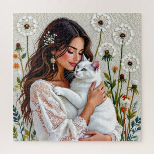Mooie vrouw, kat en paardenbloemen legpuzzel