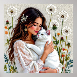 Mooie vrouw, kat en paardenbloemen poster