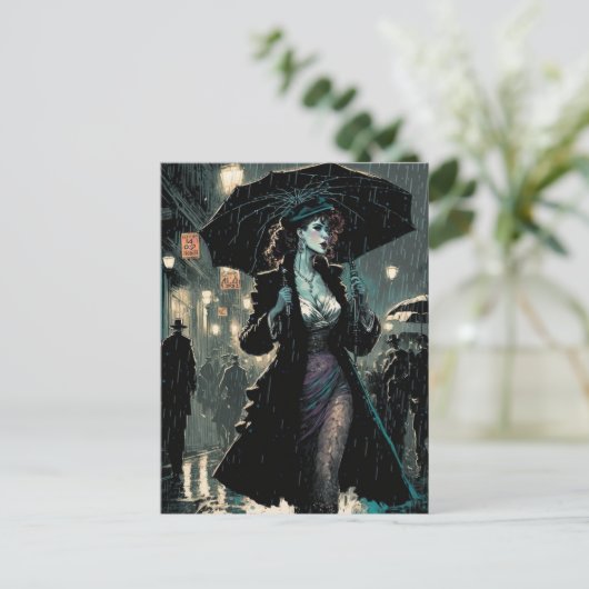 Mooie  vrouw loopt in de regen briefkaart (Staand voorkant)