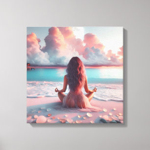 Mooie vrouw mediteren op strand blanco canvas afdruk