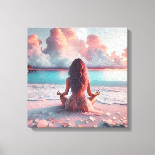 Mooie vrouw mediteren op strand blanco canvas afdruk (Voorkant)