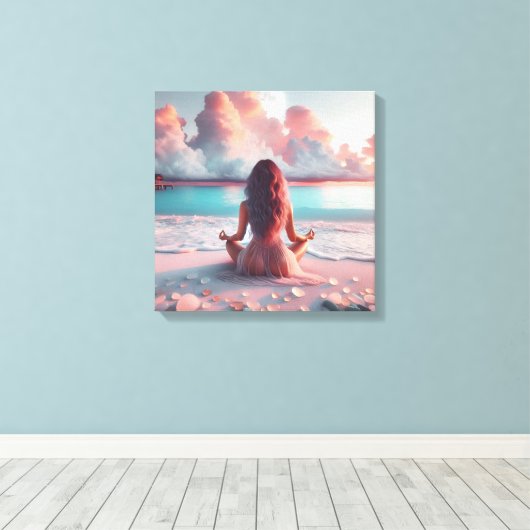 Mooie vrouw mediteren op strand blanco canvas afdruk (Insitu (Houten vloer))