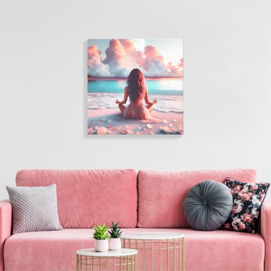 Mooie vrouw mediteren op strand blanco canvas afdruk (Insitu (Woonkamer))