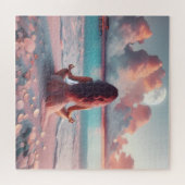 Mooie vrouw mediteren op strand blanco legpuzzel (Horizontaal)