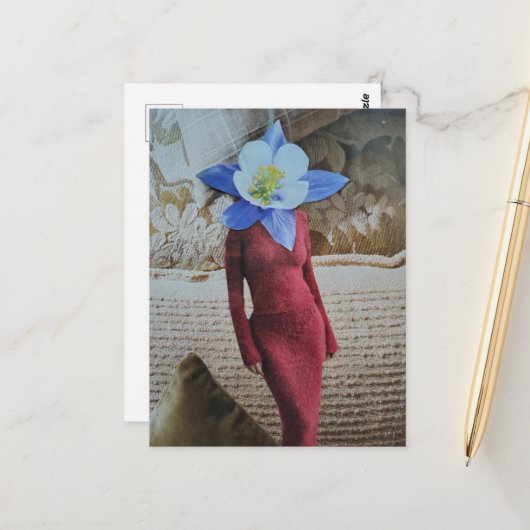Mooie vrouw met bloemenkop collage briefkaart (Voorkant / Achterkant in situ)