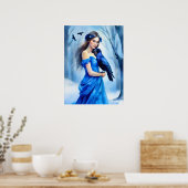 Mooie vrouw met een raaf, in een besneeuwd bos poster (Keuken)