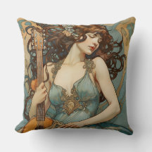 Mooie vrouw met gitaar Art Nouveau kussen
