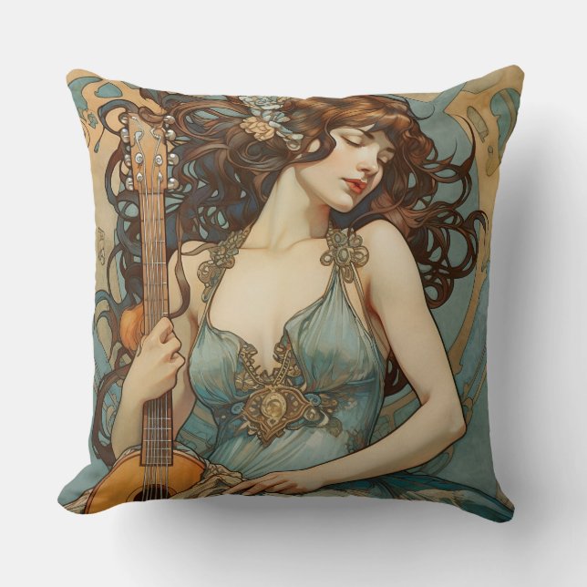 Mooie vrouw met gitaar Art Nouveau kussen (Voorkant)