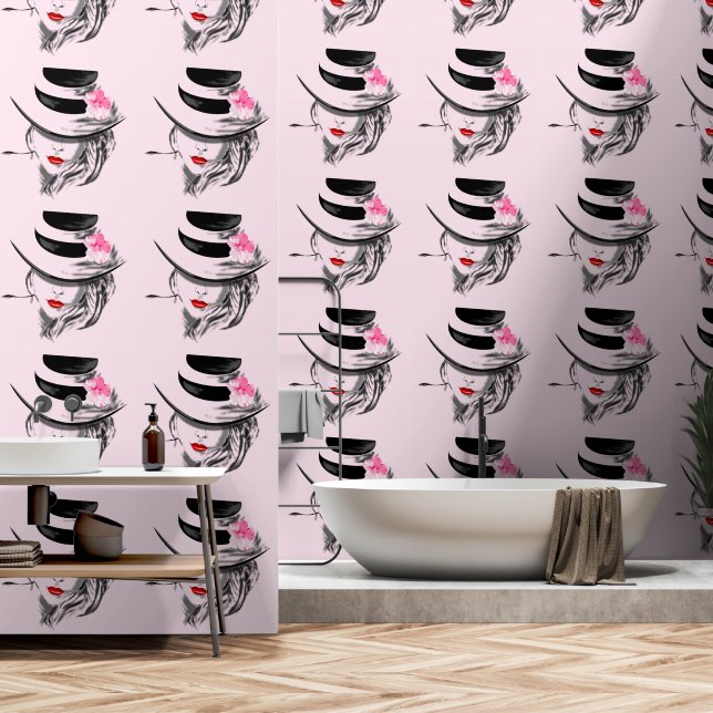 Mooie vrouw met hoed behang (Badkamer)